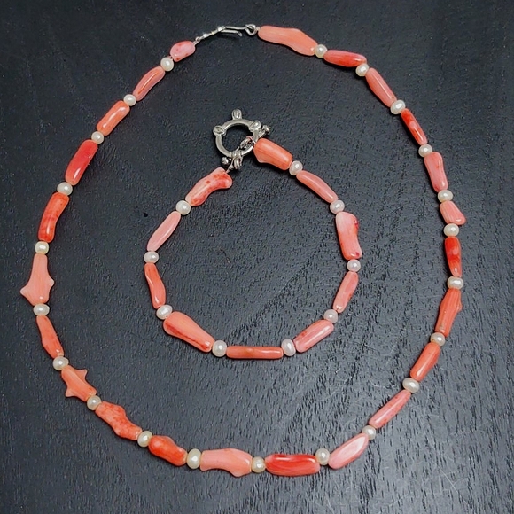 Vintage Jewelry - Vtg Estate Orange Coral Branch Baroque Pearls SET